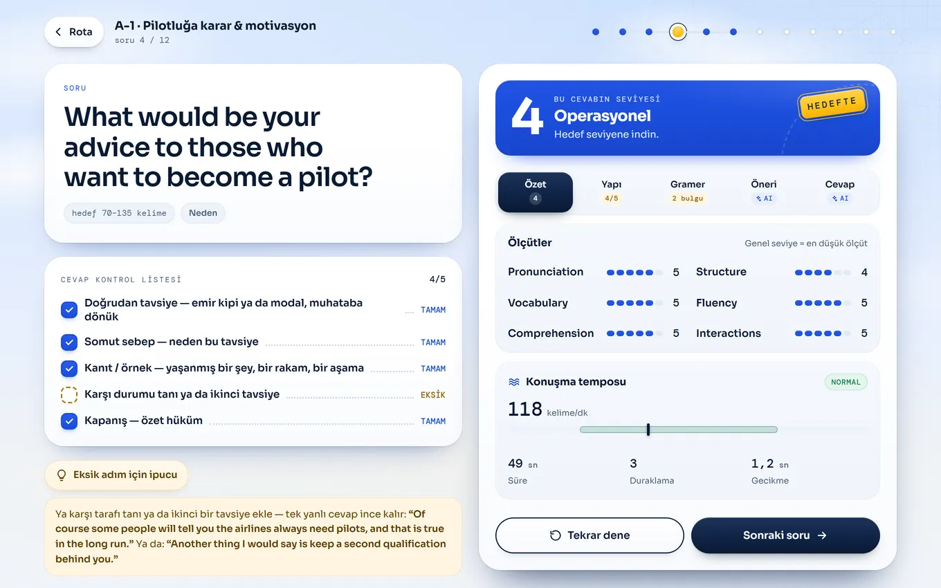 ICAO Level pratik ekranı: A-1 sorusu, cevap kontrol listesi (beş adımdan dördü tamam, eksik adım için ipucu) ve sağda iniş raporu.